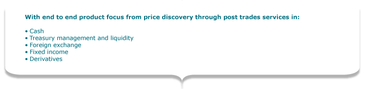 With end to end product focus from price discovery through post trades services in:  •	Cash •	Treasury management and liquidity •	Foreign exchange •	Fixed income •	Derivatives