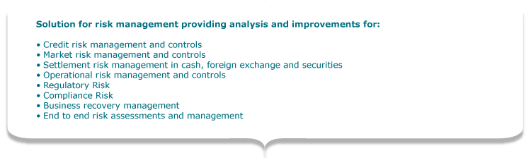 Solution for risk management providing analysis and improvements for:  •	Credit risk management and controls •	Market risk management and controls •	Settlement risk management in cash, foreign exchange and securities •	Operational risk management and controls •	Regulatory Risk •	Compliance Risk •	Business recovery management  •	End to end risk assessments and management